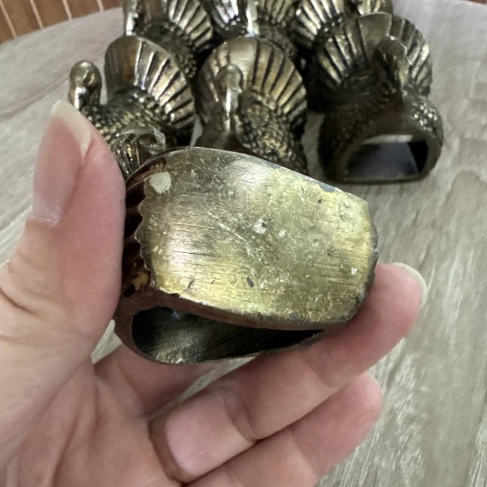 Vtg Set of 10 Brass Turkey Thanksgiving Holiday Quality Napkin Rings/Holders
